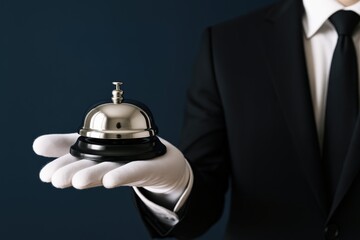 Silver Service Bell Presented Gracefully Signals Luxury Hotel Concierge Assistance, offering prompt attention and satisfying customer requests against a rich, dark blue backdrop.