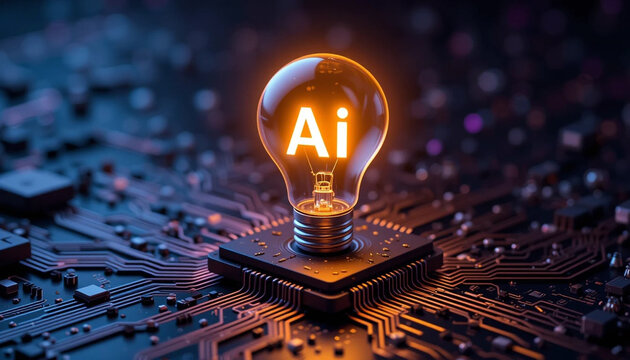 Glowing lightbulb with AI letters on computer chip surrounded by circuit board design in a futuristic tech theme