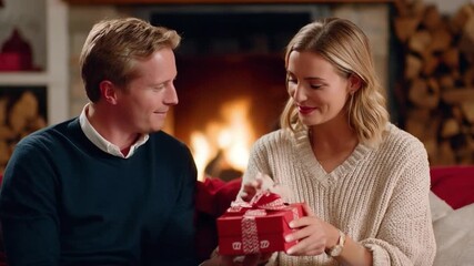 Festive Gift Exchange by the Fire: A warmly lit living room setting features a couple on a red couch, sharing a beautifully wrapped red gift box, radiating comfort and festivity by a cozy fireplace. - Powered by Adobe