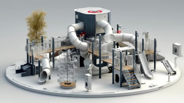 A circular playground with slides, climbing structures, and platforms, surrounded by a white surface and light sky