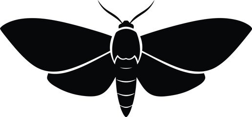 A simple black silhouette of a moth with its wings spread, depicted as a graphic icon.
