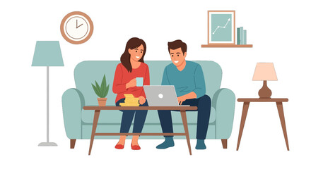 Fototapeta premium Couple Using Laptop and Drinking Hot Beverage While Sitting on Blue Sofa in Brightly Lit Living Room with Minimalist Decor
