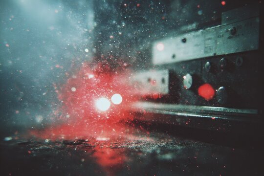 Dark, smoky scene with glowing red lights