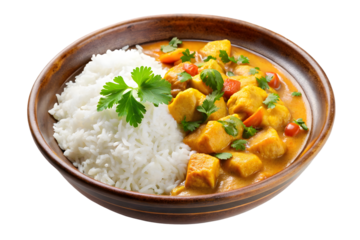 Tasty coconut curry with rice isolated on transparent background