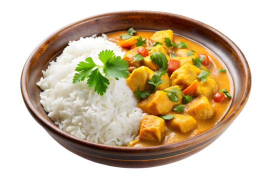 Tasty coconut curry with rice isolated on transparent background