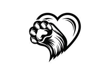 Black of Lion Paw Print Forming a Heart Shape on White