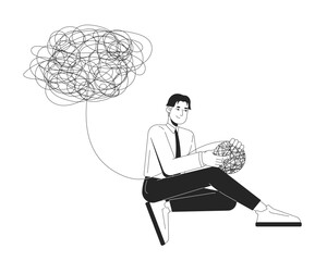 Problem solving soft skill in workplace line illustration concept. Psychology cognitive. Corporate man untangling thoughts into clarity outline 2D character isolated. Ink linear metaphor vector art