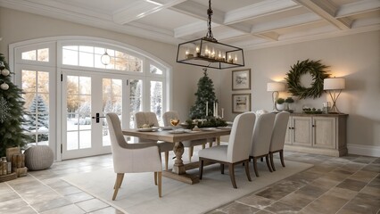 Fototapeta premium Realistic Scandinavian Holiday Dining Room, Soft Greige With Polished Chrome Palette, Brand-Free 3D