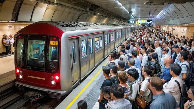 Rush Hour Commute: A packed subway train pulls into a bustling station, surrounded by a diverse crowd of commuters eager to continue their journeys, showcasing the pulse of urban life.
