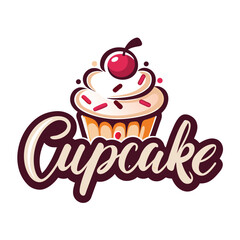 Cupcake Logo with Cherry Topping, Creamy Frosting, Colorful Sprinkles, and Art