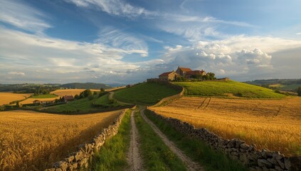 Obraz premium Scenic view of a country path through golden wheat fields towards a farm on a rolling green hill under a dramatic sky.