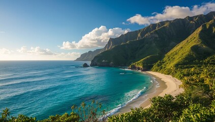 Serene tropical coastline with a secluded sandy beach, turquoise ocean waves, and dramatic green mountains