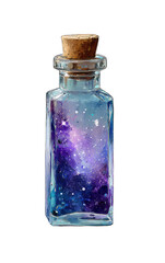 A glass bottle, corked, filled with a galaxy