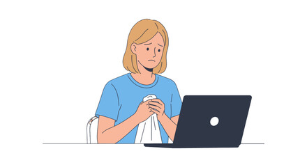 Woman with Blonde Hair Using Laptop at Desk With White Background For Business Office Illustration And Casual T Shirt