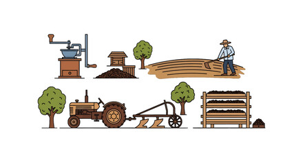 Pixel Art Depicting a Farming Scene with a Tractor and Farm Worker on a White Background Detailed Illustration of Agricultural Elements