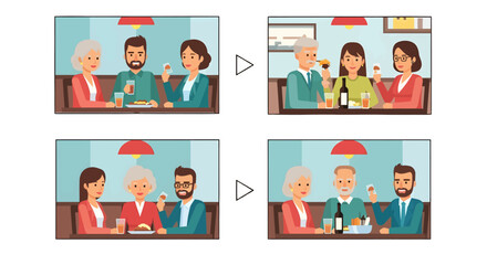 Pixelated Restaurant Scenes with People Dining Together and Enjoying Food and Drinks in an Indoor Setting