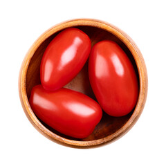 Fresh plum tomatoes, Roma tomatoes in a wooden bowl. Also known as processing or paste tomatoes, oval shaped, and used for canning or producing tomato paste, because of its slender and firm nature.