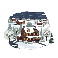 Cozy Winter Village Pixel Art Snow Covered Houses and Trees in Night Scene Holiday Season Landscape