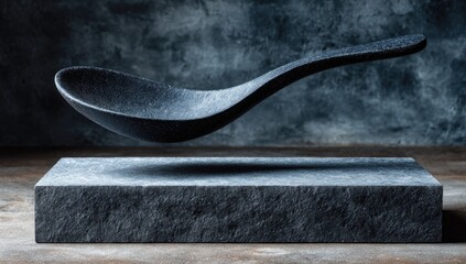 Dark spoon floats over stone block