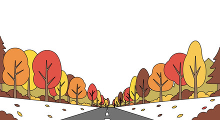 Road Leading Through Colorful Autumnal Trees with White Sky and Asphalt Road Surface