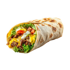 Delicious beef burrito with vegetables and cheese on transparent background