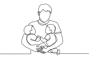 Father holding two babies in a continuous line drawing