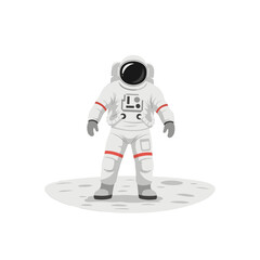 Pixelated Astronaut in White Space Suit Standing on Gray Moon Surface with Red Details Minimalist Retro Style