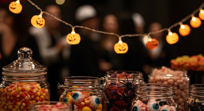 Halloween candy bar setup with various glass jars filled with treats like candy corn and eyeball candies