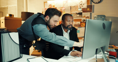 Computer, night and pointing with detective people in office together for crime investigation....