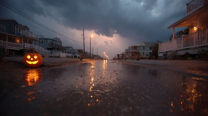 Lonely jack-o-lantern glows faintly on a rainy Halloween night in a quiet seaside street
