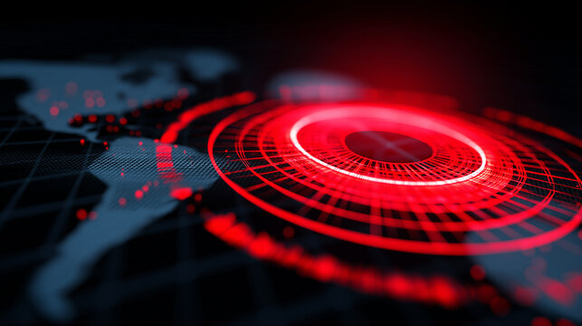 Futuristic red digital radar screen with circular interface and scanning laser beam, symbolizing detection, tracking, and high-tech monitoring.  
