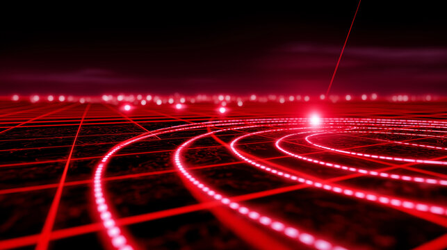 Futuristic red digital radar screen with circular interface and scanning laser beam, symbolizing detection, tracking, and high-tech monitoring.  
