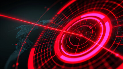 Futuristic red digital radar screen with circular interface and scanning laser beam, symbolizing detection, tracking, and high-tech monitoring.  
