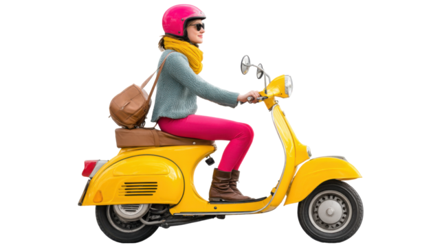 Young woman on yellow scooter