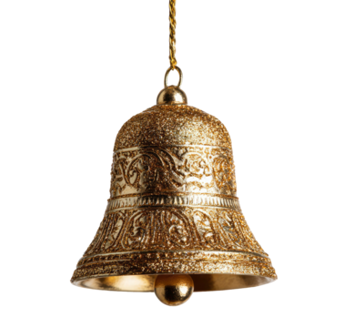 Golden bell with intricate design hanging from a rope on transparent background