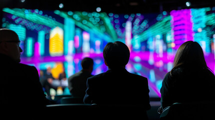 Naklejka premium Audience watching a futuristic digital presentation with neon city visuals. 