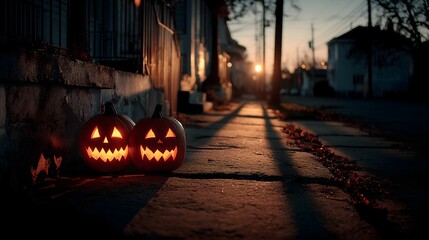 Carved pumpkins glow in the twilight with bats perched nearby on a Halloween evening