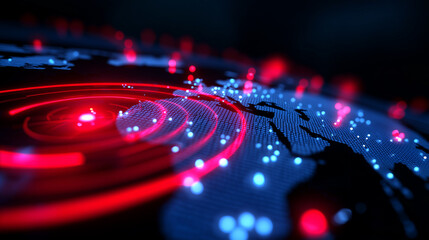 Fototapeta premium Digital map showing an earthquake epicenter with red concentric waves and glowing data points across a global grid.