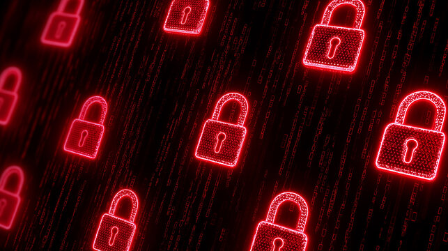 Glowing red padlocks symbolizing cybersecurity and digital data protection.  
