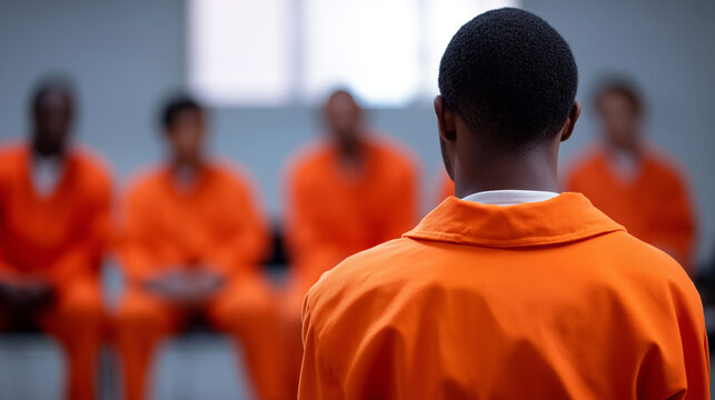 Group of inmates wearing orange prison uniforms, sitting in a rehabilitation or group therapy session, viewed from behind.
