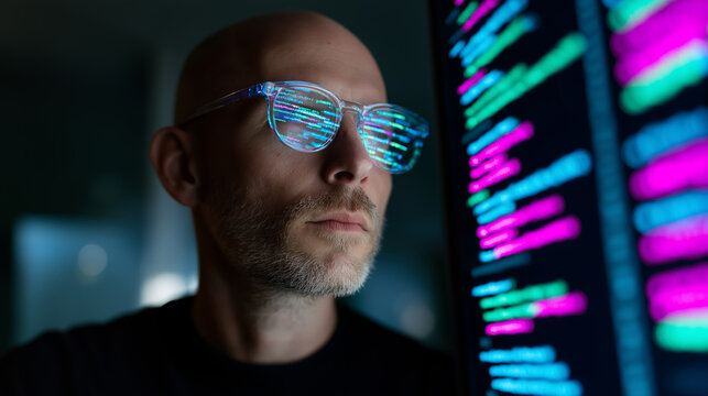 Bald programmer wearing glasses reflecting colorful code while focusing intently on a large screen in a dark environment.