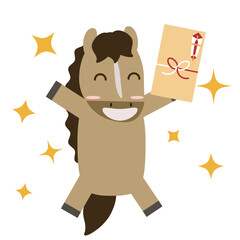 お年玉にとても喜んでいる干支の馬のイラスト素材