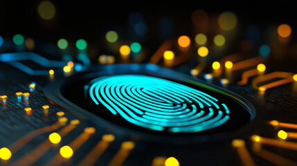 Glowing digital fingerprint surrounded by circular lights on a dark background, symbolizing biometric identification, cybersecurity, and secure authentication technology.