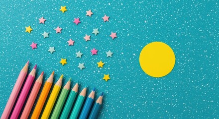 A collection of colorful glittery stars and a yellow circle scattered on a sparkling blue background, evoking creativity and celebration