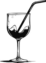 Black and white hand-drawn cocktail glass with straw vector, bold smooth ink strokes, minimal doodle style, abstract summer drink silhouette, professional high-quality vector illustration 2
