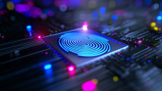 Futuristic digital fingerprint scanner on a microchip, glowing blue biometric security technology, symbolizing cybersecurity, encryption, and identity verification.  
