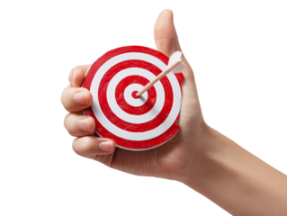 Hand holding target with dart in center on transparent background