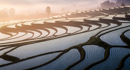 Fototapeta premium Misty Morning Over Water-Filled Rice Terraces in Southeast Asia