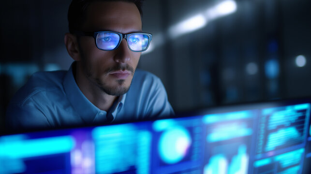 Man wearing glasses analyzing data and computer code on multiple screens in a dark room, focused on cybersecurity or programming.