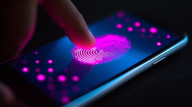 Close-up of a finger pressing on a smartphone screen with a glowing pink fingerprint scanner and digital particles, symbolizing biometric security and authentication.  
